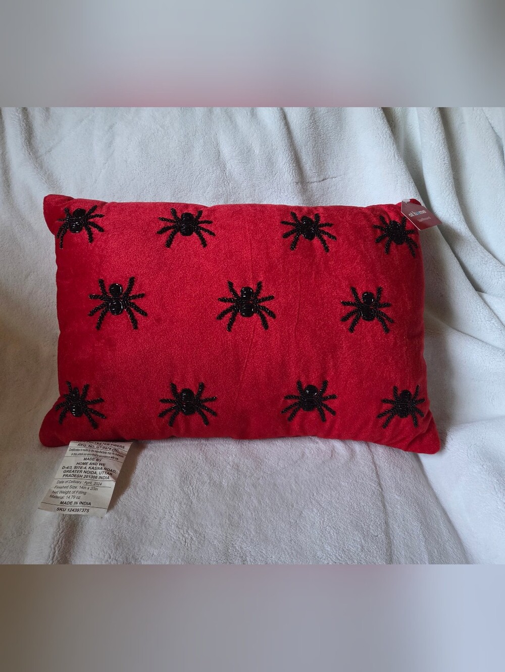 NWT At Home Spellbound Red With Black Beaded Spiders Lumbar Pillow